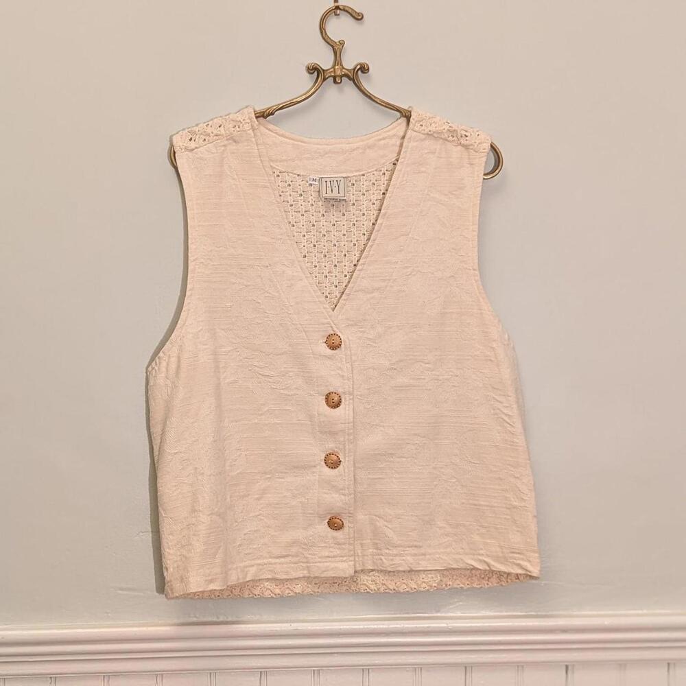 Vintage I.V.Y. Crochet Back Vest – 90s Cottagecore Boho Button Front